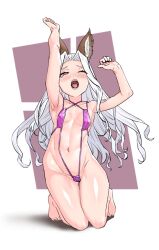 1girl animal_ears arms_up blush breasts erune full_body granblue_fantasy kneeling long_hair navel open_mouth red_eyes scathacha_(granblue_fantasy) slingshot_swimsuit small_breasts solo swimsuit variant_set white_hair yawning yggsil