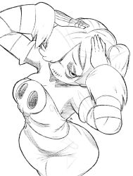 1girl breasts dress light_smile looking_at_viewer macholor meme monochrome simple_background skullgirls solo squigly_(skullgirls) zombie