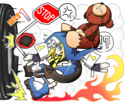 !? 1boy ? anger_vein animenishikihebi black_gloves blonde_hair blue_eyes blue_footwear bridget_(guilty_gear) crash dust fingerless_gloves fire gloves guilty_gear habit long_hair male_focus mars_symbol open_mouth ribbon road_sign roger_(guilty_gear) roller_skates sign skates solo spoken_anger_vein spoken_question_mark stop_sign stuffed_animal stuffed_toy teddy_bear toon_(style) trap wheel yellow_ribbon yo-yo