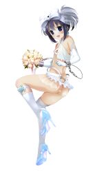 1girl :d absurdres ass blue_eyes blue_hair blue_shoes blush bouquet bow butt_crack earrings elbow_gloves facial_mark flat_chest flower gloves hair_bow high_heels highres holding holding_bouquet jewelry knee_up kobayashi_ritz kunihiro_hajime miniskirt nipples open_mouth ponytail pumps revealing_clothes saki_(manga) scan see-through_clothes see-through_skirt shoes skirt smile solo star_(symbol) star_facial_mark thighhighs white_background white_gloves white_thighhighs