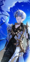 1boy absurdres antenna_hair armor black_choker black_gloves black_pants black_shirt blue_cape blue_eyes blue_sky cape choker coat commentary cowboy_shot english_commentary fingerless_gloves gloves highres holding holding_sword holding_weapon honkai:_star_rail honkai_(series) male_focus nongxy_nonshi pants pauldrons phainon_(honkai:_star_rail) shirt short_hair shoulder_armor single_pauldron sky solo sword tears tears_from_one_eye thigh_strap weapon white_coat white_hair
