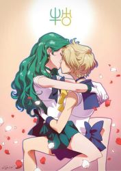 2girls aqua_hair aqua_skirt bad_id bad_pixiv_id bishoujo_senshi_sailor_moon blonde_hair blue_bow blue_sailor_collar bow closed_eyes couple earrings gloves gradient_background hug jewelry jpeg_artifacts kaiou_michiru kiss long_hair multiple_girls mutual_hug neptune_symbol petals pink_background rose_petals sailor_collar sailor_neptune sailor_uranus short_hair signature sitting sitting_on_lap sitting_on_person skirt sleeveless ten&#039;ou_haruka uehara_xun uranus_symbol very_short_hair wavy_hair white_gloves yuri