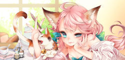 1girl :3 animal animal_ears bare_shoulders basket bell between_fingers blue_bow blue_eyes blurry bottle bow bowl braid bread breakfast breasts cat cat_ears cat_tail closed_mouth depth_of_field eyebrows eyelashes fangs female_focus fingernails food hair_bow hand_on_own_cheek hand_on_own_face head_rest highres holding holding_pen indoors jingle_bell kai_(linking) long_fingernails long_hair looking_at_viewer lying napkin off_shoulder on_stomach original palms pen pink_hair plant plate rope salt saucer three-quarter_sleeves small_breasts solo spice_rack spoon spread_fingers strapless tail teapot tears uneven_eyes wall window yawning