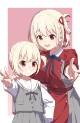 2girls absurdres aged_down blonde_hair blue_ribbon border commentary_request dress dual_persona grey_dress grey_ribbon grey_skirt grey_vest grin hair_ribbon hand_on_own_hip highres looking_at_viewer luyue lycoris_recoil lycoris_uniform multiple_girls neck_ribbon nishikigi_chisato open_mouth outside_border pink_background red_dress red_eyes red_ribbon ribbon sailor_collar shirt short_hair side_ponytail signature simple_background skirt skirt_set smile teeth two-tone_dress upper_teeth_only v vest white_border white_sailor_collar white_shirt