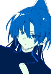 1girl ado_(utaite) blue_hair commentary_request earrings hair_between_eyes jewelry long_hair naima_(ado) ohiyaglass ponytail simple_background solo upper_body usseewa white_background