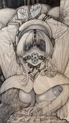 1boy 1girl arms_up ball_gag bdsm blindfold blush bondage bondage_cuffs bound bound_wrists breasts chain cuffs gag gagged grabbing grabbing_another&#039;s_breast greyscale groping handcuffs hat hatching_texture hetero highres hirune_(imomonono) large_breasts long_hair monochrome nipples original saliva solo_focus traditional_media