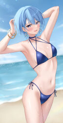 1girl :d absurdres arms_up beach bikini blue_bikini blue_eyes blue_hair blue_sky bracelet breasts choker cloud commentary cowboy_shot day earrings gold_bracelet highres hololive hoshimachi_suisei jewelry looking_at_viewer navel ocean open_mouth outdoors shinigami_kiraki short_hair sky small_breasts smile solo star_(symbol) star_earrings stomach swimsuit symbol-only_commentary virtual_youtuber