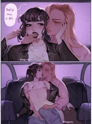 Rule 34 | 2girls, ahageao49, arm tattoo, artist name, barbell piercing, black hair, black jacket, black lips, black nails, blonde hair, blue pants, car interior, clothes lift, clothes pull, commentary, english text, finger in another&#039;s mouth, fingering, french kiss, hand on another&#039;s thigh, highres, jacket, jewelry, kiss, long hair, multiple girls, multiple rings, necklace, nipple piercing, original, pants, pants pull, piercing, pink jacket, purple background, reach-around, ring, shirt, shirt lift, short hair, speech bubble, symbol-only commentary, tattoo, tongue, tongue out, white shirt, yuri
