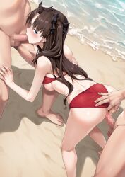 1girl 2boys absurdres ass beach bent_over bikini bikini_bottom_aside bikini_top_lift black_hair black_ribbon blue_eyes blush breasts censored clothes_lift clothing_aside commentary_request commission fate/stay_night fate_(series) fellatio hair_ribbon henria hetero highres long_hair looking_at_viewer medium_breasts mosaic_censoring multiple_boys nipples ocean oral outdoors penis red_bikini ribbon sex skeb_commission spitroast standing standing_sex swimsuit tohsaka_rin two_side_up