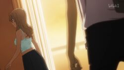 1boy 1girl anime_screenshot aoki_clair balcony black_pants blonde_hair curtains gleipnir_(series) green_tank_top grey_skirt indoors long_hair pants pleated_skirt shirt skirt tank_top white_shirt window