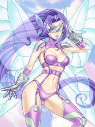 1girl absurdres arm_up ass belt bikini blue_sky boots breasts butterfly_hair_ornament butterfly_wings cleavage cloud commentary covered_eyes cowboy_shot curvy digimon digimon_(creature) elbow_gloves english_commentary facial_mark fairimon fairy fairy_wings floating_hair garter_straps gloves hair_ornament highres insect_wings light_particles long_hair medium_breasts midriff navel parted_bangs parted_lips purple_belt purple_bikini purple_boots purple_hair revealing_clothes shiny_skin shoulder_pads skindentation sky smile solo swimsuit thigh_boots thong titiartwork visor white_gloves wide_hips wings