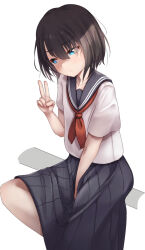 Rule 34 | 1girl, black hair, blue sailor collar, blue skirt, collarbone, commentary request, highres, koe no katachi, nishimiya yuzuru, oren (770len), sailor collar, school uniform, serafuku, shirt, short hair, short sleeves, simple background, sitting, skirt, solo, v, white background, white shirt