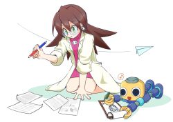 1girl absurdres brown_hair coat dress earrings full_body glasses green_eyes highres jewelry kneeling l861021176 lab_coat long_hair mega_man_(series) mega_man_legends_(series) pink_dress round_eyewear servbot_(mega_man) simple_background skull_brooch skull_earrings tron_bonne_(mega_man) white_background white_coat