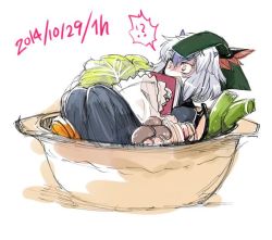 !? 1girl blue_hair book bowl dated female_focus food head_wings horns in_food mini_person minigirl multicolored_hair mushroom nabe red_eyes short_hair silver_hair sketch solo tako_(plastic_protein) tokiko_(touhou) touhou two-tone_hair vegetable wings