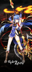 1girl absurdres ahoge armpits arms_up axe battle_axe blue_dress blue_hair boots bow bracelet breasts brown_boots brown_gloves capelet copyright_name demon_tail dress epic_seven fire full_body gauntlets gloves gold_thighlet hair_bow highres holding holding_behind_back holding_weapon holding_weapon_behind_back horns jewelry legband logo long_hair looking_at_viewer low_twintails medium_breasts necktie official_art pelvic_curtain ravi_(epic_seven) red_eyes red_necktie revealing_clothes sideboob sideless_outfit single_thighhigh small_breasts solo standing strap tail thighhighs twintails weapon white_capelet white_thighhighs yellow_bow