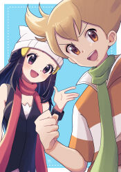 1boy 1girl :d barry_(pokemon) beanie black_hair blonde_hair blue_background blush border bracelet clenched_hand commentary_request dawn_(pokemon) green_scarf hair_ornament hairclip hat highres jacket jewelry long_hair moegi_itsukashi nintendo open_mouth orange_eyes outside_border pokemon pokemon_dppt red_scarf scarf shirt short_hair short_sleeves sidelocks sleeveless sleeveless_shirt smile striped_clothes striped_jacket tongue white_border white_hat