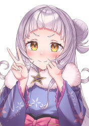 Rule 34 | 1girl, absurdres, blue kimono, blush, closed mouth, commentary, fur-trimmed kimono, fur trim, grey hair, highres, hololive, japanese clothes, kimono, kumoru (kumoru 145), long hair, looking at viewer, murasaki shion, murasaki shion (new year), official alternate costume, short eyebrows, sidelocks, smile, solo, v, very long hair, virtual youtuber, white background, yellow eyes