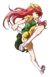 1girl alphes_(style) ass bare_arms closed_mouth commentary_request dairi floating_hair from_side full_body hair_ribbon hat holding kneehighs large_variant_set leg_up loafers long_hair orange_(touhou) parody puffy_short_sleeves puffy_sleeves red_hair ribbon shaded_face shirt shoes short_sleeves shorts socks solo standing standing_on_one_leg style_parody touhou touhou_(pc-98) transparent_background twirl_baton variant_set white_ribbon white_socks yellow_hat yellow_shirt yellow_shorts
