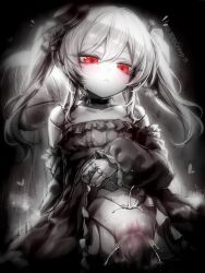 1boy 1girl blur_censor breasts censored clothes_lift cum cum_in_pussy cum_overflow doll_joints dress dress_lift eudie_(shadowverse) greyscale hat hetero highres joints kupa_(jesterwii) lifting_own_clothes long_hair long_sleeves looking_at_viewer mini_hat monochrome orchis parted_lips penis puffy_long_sleeves puffy_sleeves pussy red_eyes sex shadowverse sideways_hat small_breasts spot_color twintails vaginal