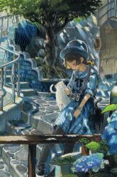 Rule 34 | 1girl, absurdres, black cat, black pantyhose, blonde hair, blue flower, brown hair, camera, cat, closed eyes, colored pencil (medium), dappled sunlight, day, flower, hat, highres, nekojarashi (yuuga), original, outdoors, pantyhose, petting, railing, scenery, sitting, skirt, smile, solo, stairs, sunlight, traditional media, white cat