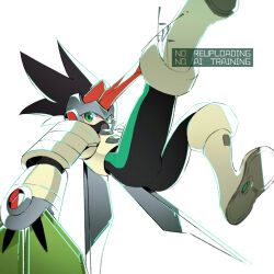 Rule 34 | 1boy, black hair, covered mouth, double soul (mega man), green eyes, hand fan, highres, horns, long hair, male focus, mask, mega man (series), mega man battle network (series), megaman.exe, mouth mask, simple background, solo, tenguman.exe, to i to io, watermark, white background