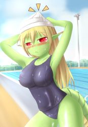 1girl :c adjusting_clothes adjusting_headwear armpits blonde_hair blush breasts colored_skin covered_erect_nipples dragon_girl dragon_tail female_focus green_skin hat large_breasts long_hair monster_girl one-piece_swimsuit original pointy_ears pool red_eyes ryuujin_no_senpai scales school_swimsuit shiny_clothes solo swimsuit tail toki_(tokinokogiri) tokinokogiri