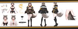 1girl absurdres animal_ear_piercing animal_ears ass babydoll belt black_babydoll black_belt black_hairband black_leotard black_shoes black_shorts breasts closed_mouth color_guide commentary_request covered_navel crescent_moon full_body grey_hair hair_between_eyes hairband highres hip_vent large_breasts leg_tattoo leotard moon multicolored_hair multiple_views nompang official_art promisu rhymu_(vtuber) second-party_source shirt shoes shorts smile streaked_hair tattoo virtual_youtuber white_hair white_shirt wolf_ears wolf_girl yellow_eyes