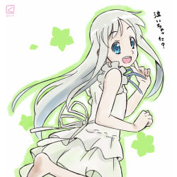 10s 1girl ano_hi_mita_hana_no_namae_wo_bokutachi_wa_mada_shiranai. artist_logo barefoot blue_eyes dated dress honma_meiko kueru logo long_hair miyahara_takuya silver_hair translation_request