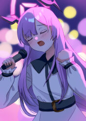 1girl black_halo blue_archive blurry blurry_background blush bokeh clenched_hand closed_eyes commentary_request depth_of_field dress halo highres holding holding_microphone long_hair long_sleeves microphone open_mouth pink_halo puffy_long_sleeves puffy_sleeves purple_hair signature sleeves_past_wrists solo tawashi_(hoisassa) tongue u_u utaha_(blue_archive) white_dress