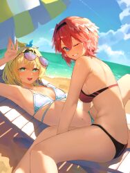 2girls absurdres beach beach_chair beach_umbrella bikini blonde_hair blue_eyes breasts eyewear_on_head green_eyes hair_wings headband highres hololive kazama_iroha long_hair looking_at_viewer lying medium_breasts multiple_girls nagiushi navel one_eye_closed pink_hair ponytail sand short_hair sitting small_breasts smile sunglasses swimsuit takane_lui umbrella virtual_youtuber water