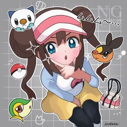 Rule 34 | 1girl, :o, absurdres, artist name, blue eyes, blush, brown hair, double bun, gen 5 pokemon, grey background, grid background, hair bun, hashtag-only commentary, highres, long hair, looking at viewer, nintendo, open mouth, oshawott, outline, pantyhose, poke ball, poke ball (basic), pokemon, pokemon (creature), pokemon bw2, rosa (pokemon), sandora (karugamo no e), shirt, shorts, snivy, tepig, three-quarter sleeves, twintails, visor cap, white outline, yellow shorts