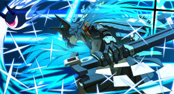 1girl absurdres animal_ear_fluff animal_ears aqua_jacket black_hair blunt_bangs closed_mouth cowboy_shot eleanor_(user_npng832) eyeball floating_hair fox_ears fox_girl from_side highres holding holding_sword holding_weapon hoshimi_miyabi jacket katana long_hair open_mouth red_eyes shirt sword tailless_(zenless_zone_zero) weapon white_shirt zenless_zone_zero