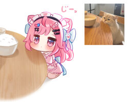 1girl ahoge animal_ears apron blue_bow blush bow bowl cat cat_ears cat_girl chibi chibi_only closed_mouth commentary d-pad d-pad_hair_ornament dot_nose dress fish_hair_ornament ghost_hair_ornament hair_bow hair_ornament hairclip heart heart_hair_ornament indie_virtual_youtuber jitome long_hair maid maid_headdress nikoo paw_print photo-referenced photo_inset pink_dress pink_eyes pink_hair reference_inset rice rice_bowl seiza short_sleeves simple_background sitting solo table thighs virtual_youtuber white_apron white_background white_cat wing_hair_ornament yuuki_sakuna yuuki_sakuna_(1st_costume)