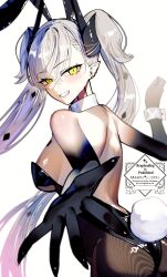 1girl animal_ears ass black_hands black_leotard blush body_markings breasts brown_pantyhose colored_extremities crossed_bangs demon_girl demon_horns detached_collar ear_piercing fake_animal_ears fake_tail fate/grand_order fate_(series) green_eyes grey_hair grin hair_between_eyes highleg highleg_leotard highres horns kabosoi_mangaka large_breasts leotard lilith_(fate) lilith_(second_ascension)_(fate) long_hair looking_at_viewer looking_back outstretched_arm pantyhose piercing playboy_bunny pointy_ears rabbit_ears rabbit_tail smile solo tail twintails very_long_hair wrist_cuffs