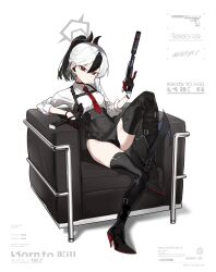 Rule 34 | absurdres, black hair, black horns, black thighhighs, blue archive, chair, covered navel, demon girl, demon horns, fataaa, grey halo, gun, h&amp;k p30, halo, handgun, high heels, highres, holding, holding gun, holding weapon, horns, kayoko (blue archive), multicolored hair, on chair, ponytail, red eyes, simple background, sitting, thighhighs, thighs, two-tone hair, weapon, white background, white hair
