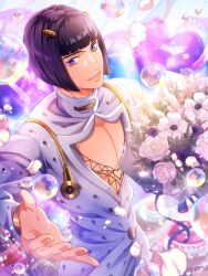 1boy absurdres black_hair blue_eyes blunt_bangs bob_cut bouquet bruno_bucciarati bubble fishnet_top fishnets flower heart highres holding holding_bouquet jacket jojo_no_kimyou_na_bouken long_sleeves looking_at_viewer male_focus outstretched_arm parted_lips pectoral_cleavage pectorals short_hair solo vento_aureo watawata_nr_(siroraku) white_jacket