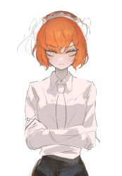 1girl alternate_hair_length alternate_hairstyle crossed_arms frown glaring hairband highres ishmael_(project_moon) limbus_company nakashikaji necktie orange_eyes orange_hair project_moon short_hair simple_background sketch solo white_background
