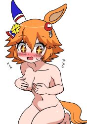 Rule 34 | 1girl, animal ears, blush, breasts, brown eyes, covering breasts, covering privates, flying sweatdrops, hair ornament, highres, horse ears, horse girl, horse tail, kneeling, looking at viewer, matikanefukukitaru (umamusume), medium breasts, navel, nude, open mouth, orange hair, short hair, simple background, sodeshita marshmallow, solo, sparkling eyes, sweatdrop, tail, umamusume, white background