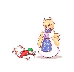 2girls animal_ear_fluff animal_ears bilingual_commentary blonde_hair blue_tabard cat_tail chen commentary english_commentary fox_ears fox_tail green_hat hands_in_opposite_sleeves hat hat_on_face highres kitsune korean_commentary long_sleeves lying medium_hair mirae_somang mixed-language_commentary mob_cap multiple_girls multiple_tails no_headwear on_back red_skirt red_vest shadow skirt socks tabard tail touhou two_tails unworn_hat unworn_headwear vest white_hat white_socks wide_sleeves yakumo_ran