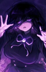 1girl absurdres alternate_breast_size black_dress black_hair blairevt breasts dress earrings hands_up hex_maniac_(pokemon) hex_maniac_(pokemon_legends:_z-a) highres jewelry large_breasts long_hair long_sleeves nail_polish nintendo parted_lips pokemon pokemon_legends:_z-a purple_eyes purple_theme solo