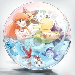 1girl artist_request bad_id bad_pixiv_id bare_shoulders blush breasts creatures_(company) earrings game_freak gen_1_pokemon goldeen green_eyes hair_ornament horsea jewelry long_hair looking_at_another mermaid mermaid_costume mermaid_misty_(pokemon) misty_(pokemon) monster_girl necklace nintendo orange_hair partially_submerged pokemon pokemon_(anime) pokemon_(classic_anime) pokemon_(creature) poliwag psyduck seashell shell shell_bikini smile starmie staryu underwater