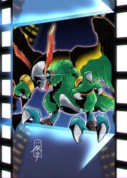 beak bird blue_eyes blurry blurry_background digimon digimon_(creature) digimon_adventure digimon_adventure_(1999_film) feathers film_reel glowing glowing_eyes green_feathers highres no_humans parrotmon pied_piper talons