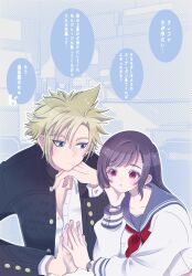 1boy 1girl bandaid bandaid_on_cheek bandaid_on_face black_hair black_jacket blonde_hair blue_eyes blue_sailor_collar blush bracelet buttons classroom cloud_strife cloud_strife_(midgard_seventh_high_school) commentary_request earrings elbow_rest final_fantasy final_fantasy_vii final_fantasy_vii_ever_crisis gakuran hair_ornament hairclip head_rest height_difference highres indoors jacket jewelry long_hair long_sleeves looking_at_another lumi_1000 neckerchief official_alternate_costume palms_together red_eyes red_neckerchief sailor_collar school_uniform serafuku shirt single_earring speech_bubble spiked_hair swept_bangs tifa_lockhart tifa_lockhart_(midgard_seventh_high_school) translated upper_body white_serafuku white_shirt