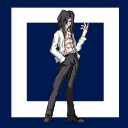 1boy abs black_pants collared_shirt evil_grin evil_smile grin hair_over_one_eye hand_in_pocket kore_(kore) long_hair male_focus michael_roa_valdamjong muscular muscular_male open_clothes open_fly open_hand open_shirt pants red_eyes shirt simple_background sleeve_cuffs smile standing toned toned_male tsukihime vampire white_shirt