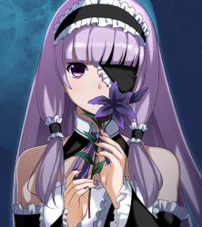 1girl blue_flower blush check_commentary choker commentary commentary_request detached_sleeves doria_(p_f_dolia) dream_c_club dream_c_club_(series) eyepatch flower headdress highres long_hair looking_at_viewer maid mari_(dream_c_club) nail_polish pink_eyes purple_hair solo twintails very_long_hair
