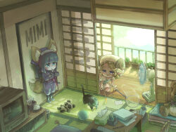 2girls animal_ears architecture black_cat book book_stack butterfly_net cafe_(chuu_no_ouchi) cat cat_teaser day east_asian_architecture electric_fan fox_ears fox_girl fox_tail hand_net hat horns indoors katana kneeling mob_cap multiple_girls ninja original own_hands_together plant potted_plant sheep_ears sheep_girl sheep_horns standing stuffed_animal stuffed_panda stuffed_toy sword table tail tatami teddy_bear television tissue_box weapon