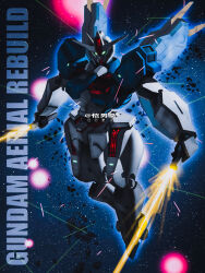 Rule 34 | absurdres, artist name, asteroid, energy sword, bilibili logo, character name, commentary, dual wielding, explosion, glowing, glowing eyes, green eyes, gumroad logo, gundam, gundam aerial rebuild, gundam suisei no majo, highres, holding, holding sword, holding weapon, instagram logo, kainansang, laser, mecha, mecha focus, mobile suit, robot, science fiction, star (sky), sword, twitter logo, v-fin, weapon
