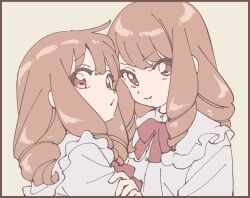 2girls black_border border bow bowtie brown_eyes brown_hair closed_mouth collared_shirt drill_hair drill_sidelocks frilled_shirt_collar frills grey_background hand_on_another&#039;s_arm highres long_hair multiple_girls namori original parted_lips raised_eyebrows red_bow red_bowtie shirt siblings sidelocks simple_background sisters solo twins v-shaped_eyebrows white_shirt