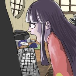 1girl angry_german_kid blunt_bangs cd computer computer_keyboard computer_mouse female_focus hikikomori houraisan_kaguya indoors long_hair monitor mousepad_(object) neet parody rockbouquet sidelocks solo tagme touhou window