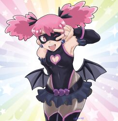 1girl artist_request boku_no_hero_academia domino_mask earrings eye_mask haneyama_kazuho highleg highleg_leotard highres jewelry leotard looking_at_viewer mask mini_wings one_eye_closed open_mouth pink_eyes pink_hair pink_lips solo superhero_costume v vigilante_-boku_no_hero_academia:_illegals- wide_hips wings wink
